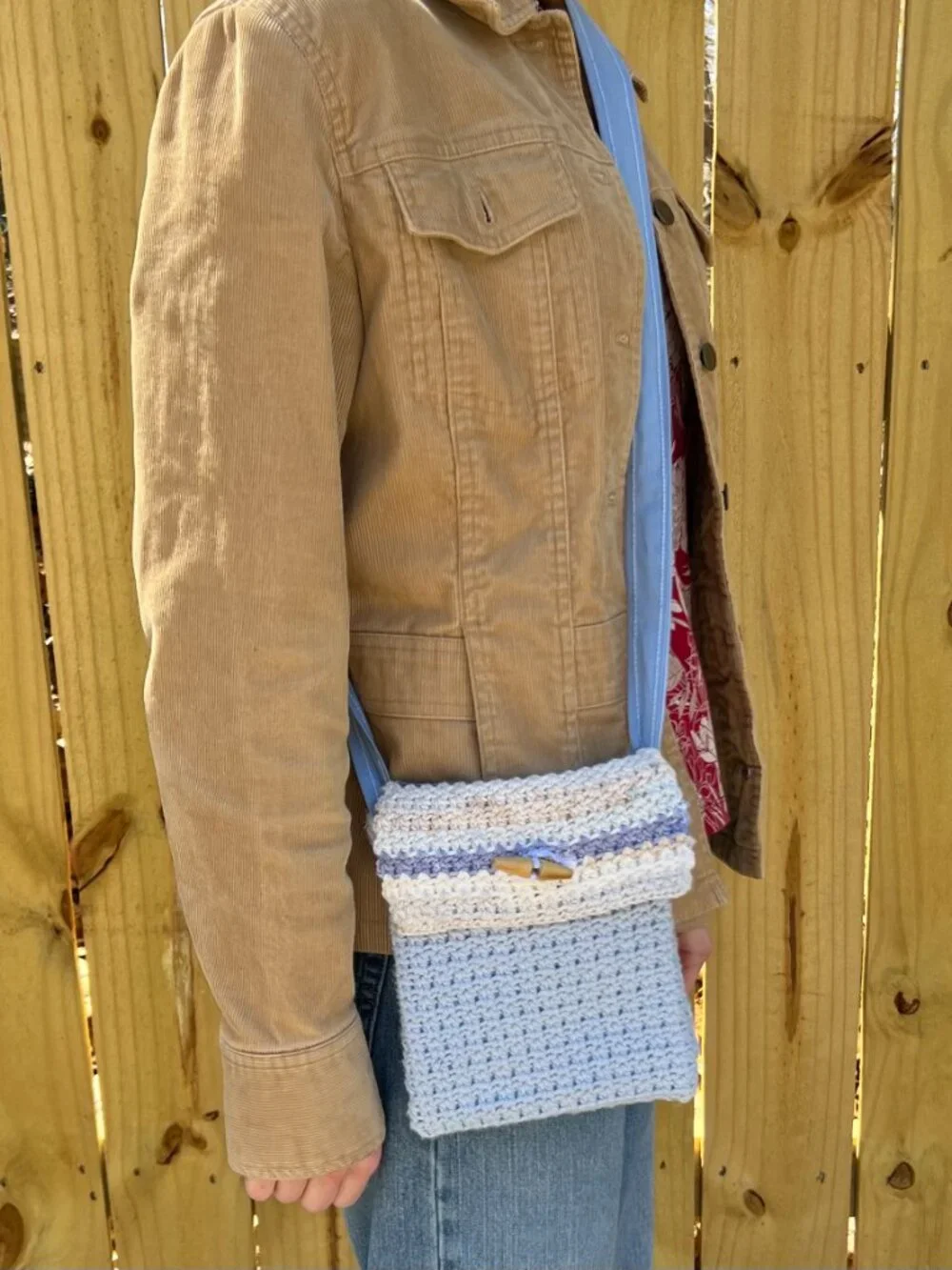 Upcycled Crochet Crossbody Purse Handmade with Repurposed Lining & Button